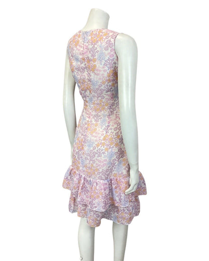 VTG 60s 70s PURPLE WHITE ORANGE FLORAL RUFFLED BETTY BARCLAY SUMMER DRESS 10