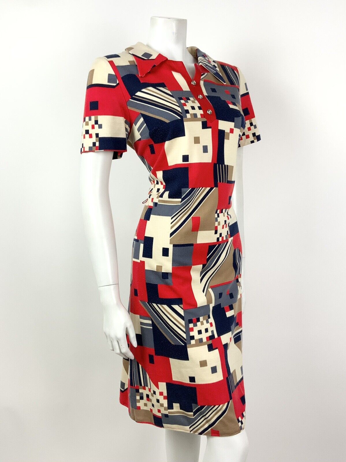 VINTAGE 60s 70s CREAM RED BLUE BROWN GEOMETRIC MOD DAGGER SHIFT DRESS 10 12
