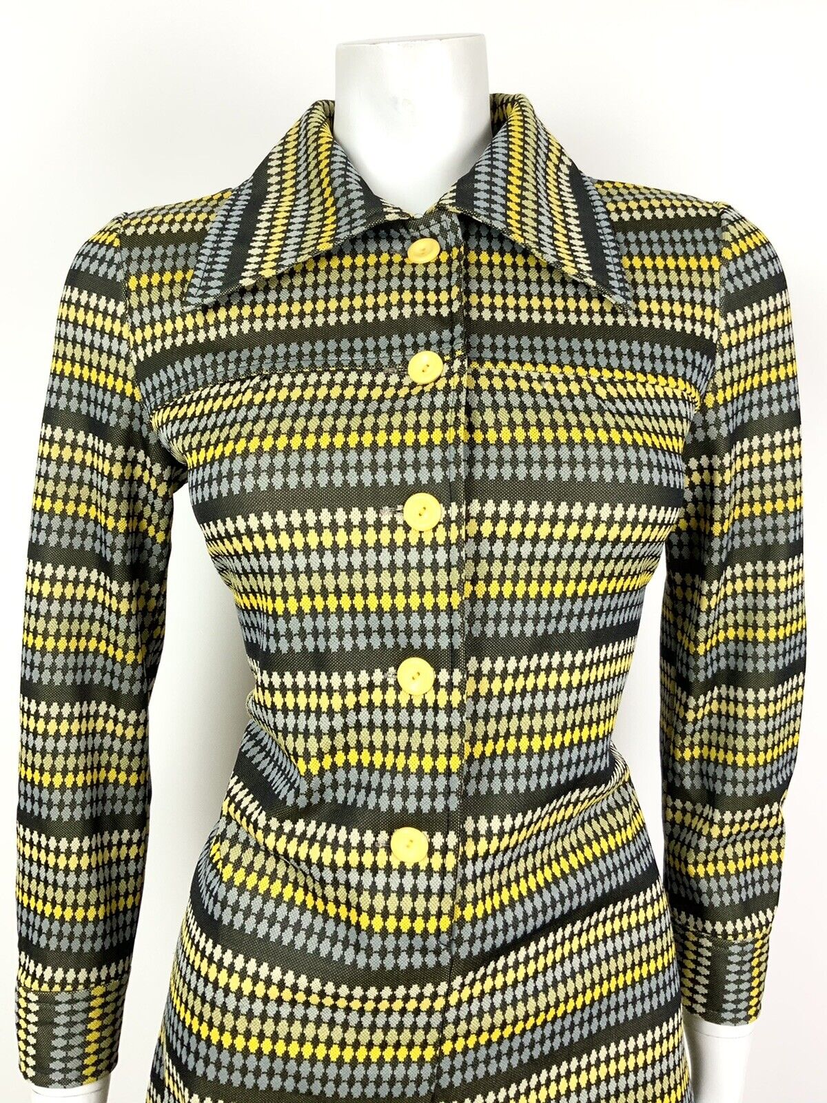 VINTAGE 60s 70s BLACK BLUE YELLOW STRIPED DOTTY DAGGER SHIRT SHIFT DRESS 8 10