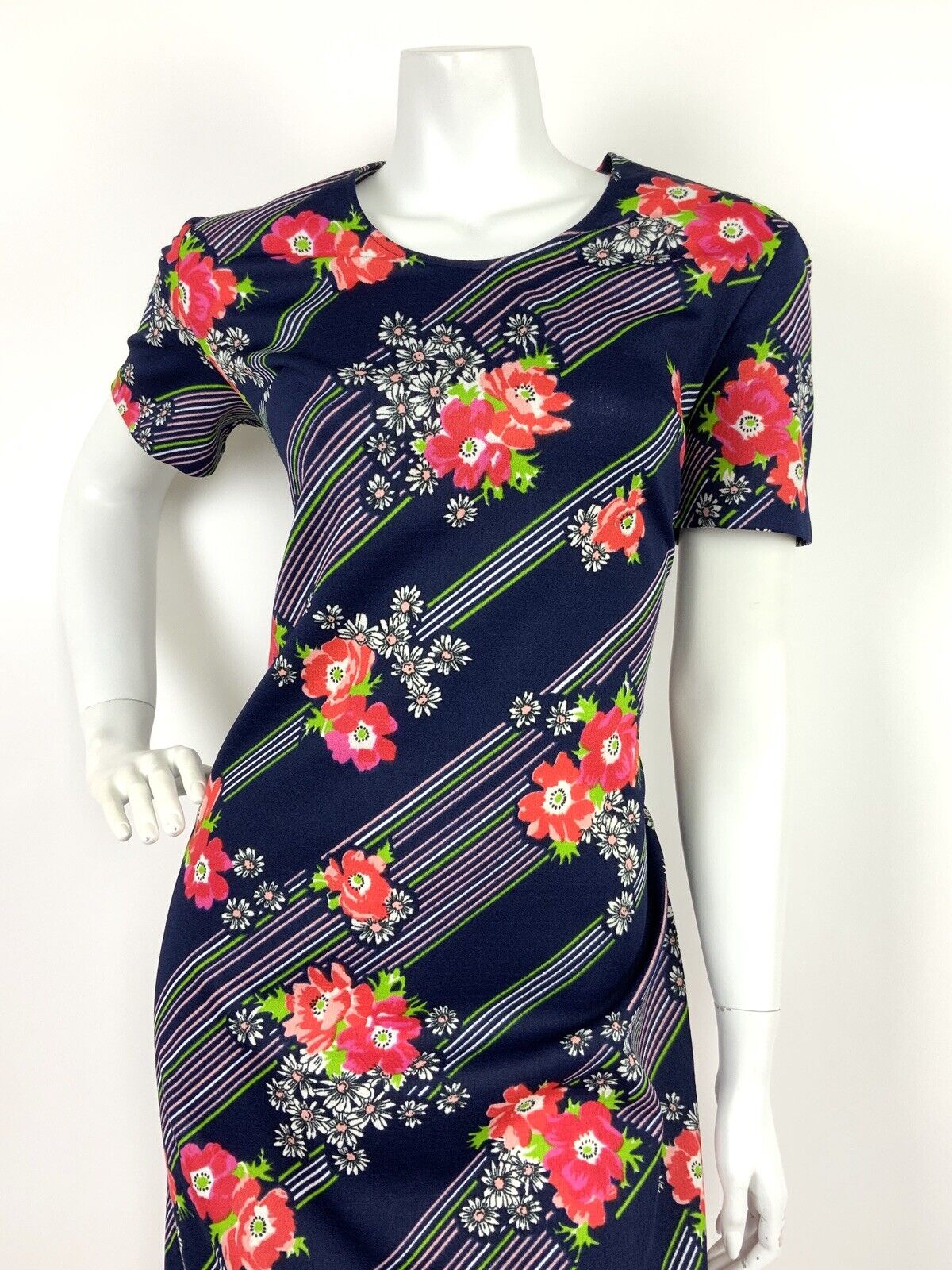VINTAGE 60s 70s BLUE WHITE GREEN RED PINK STRIPED FLORAL DAISY SHIFT DRESS 12 14