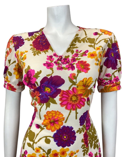 VINTAGE 60s 70s WHITE PURPLE PINK YELLOW GARDEN FLORAL FITTED SWING DRESS 12 14