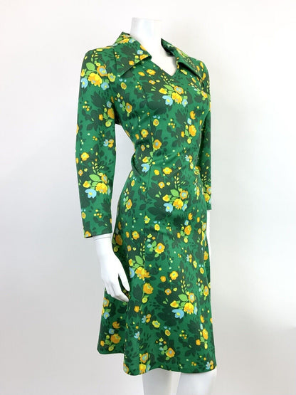 VTG 60s 70s GREEN YELLOW ORANGE FLORAL LEAFY PSYCHE DAGGER SHIRT DRESS 16 18