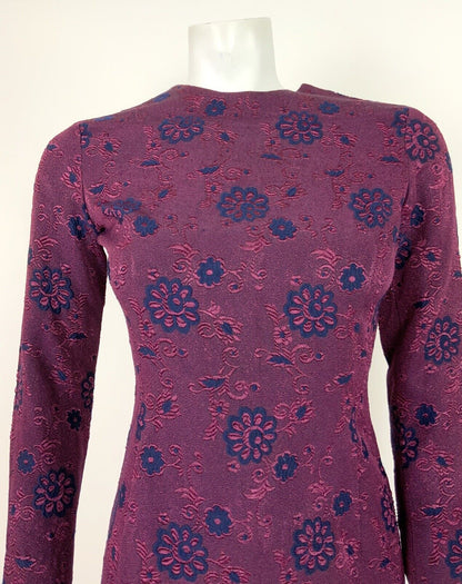 VINTAGE 60s 70s BLUE PURPLE TWO-TONED FLORAL EMBROIDERED WIGGLE DRESS 8