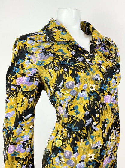 VINTAGE 60s 70s YELLOW BLUE GREEN BLACK PSYCHEDELIC FLORAL SHIRT DRESS 16 18