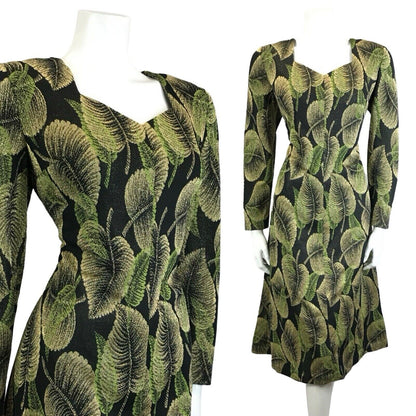 VTG 60S 70S BLACK GREEN GOLD LEAF LUREX SWEETHEART PARTY MIDI DRESS 1214 M