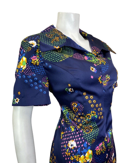 VINTAGE 60s 70s BLUE YELLOW PINK GEOMETRIC DOTTY FLORAL WING SHIRT DRESS 14 16