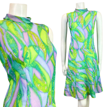 VINTAGE 60s 70s GREEN PURPLE BLUE PSYCHEDELIC SWIRL MOD SLEEVELESS DRESS 12 14