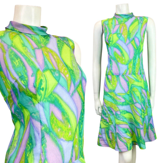 VINTAGE 60s 70s GREEN PURPLE BLUE PSYCHEDELIC SWIRL MOD SLEEVELESS DRESS 12 14