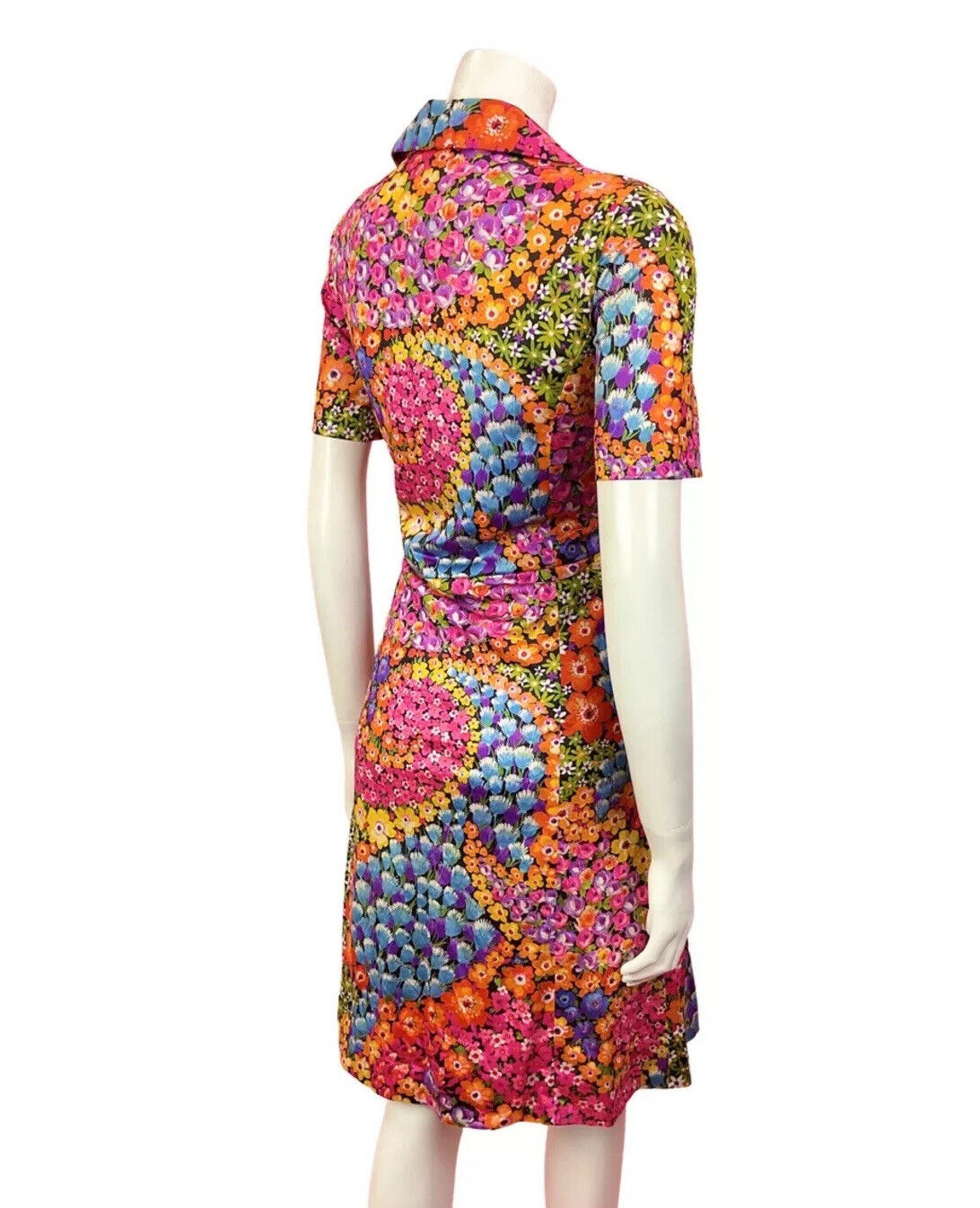 VINTAGE 60s 70s PINK BLUE ORANGE PSYCHEDELIC FLORAL SWIRL SHIRT DRESS 12 14