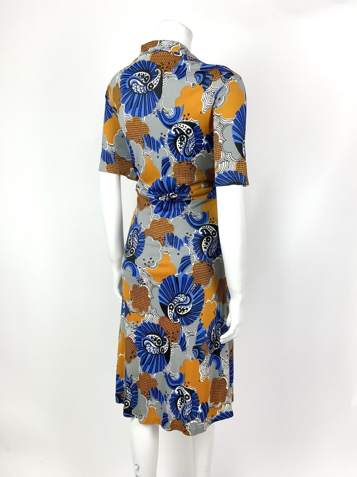 VINTAGE 60s 70s BLUE SILVER YELLOW PSYCHEDELIC FLORAL PAISLEY SHIRT DRESS 16 18