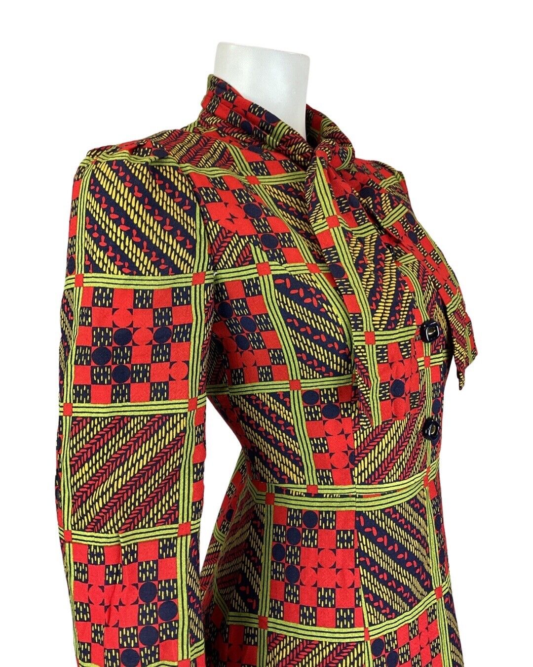 VINTAGE 60s 70s RED GREEN BLACK GEOMETRIC CHECKED PUSSYBOW SHIRT DRESS 8