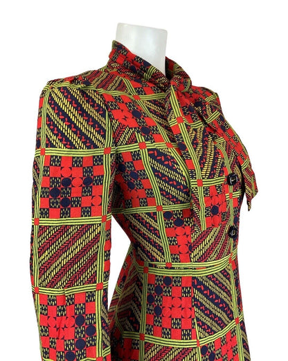 VINTAGE 60s 70s RED GREEN BLACK GEOMETRIC CHECKED PUSSYBOW SHIRT DRESS 8