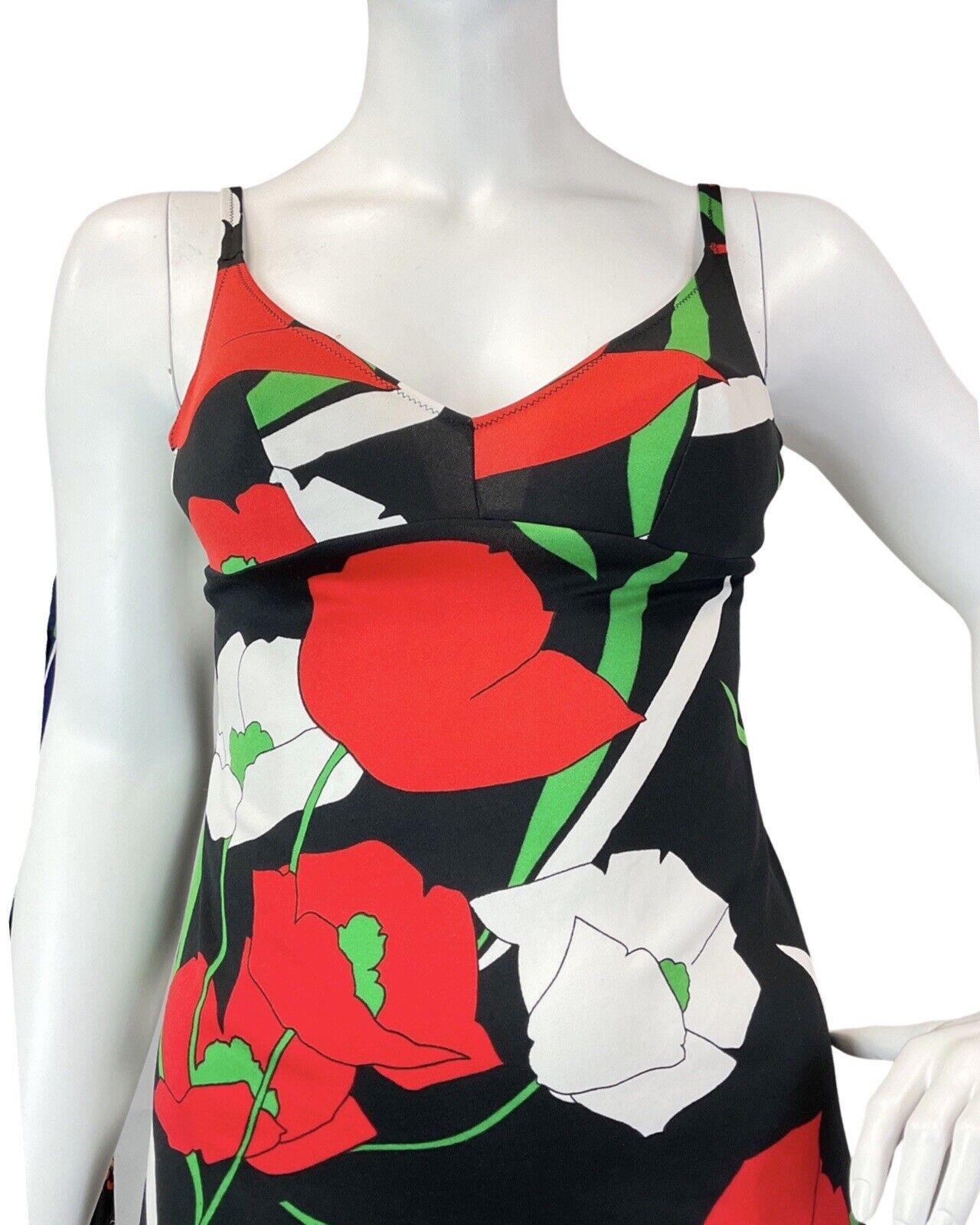 VINTAGE 60s 70s BLACK RED GREEN POPPY FLOWER STRAPPY SUN-DRESS 14
