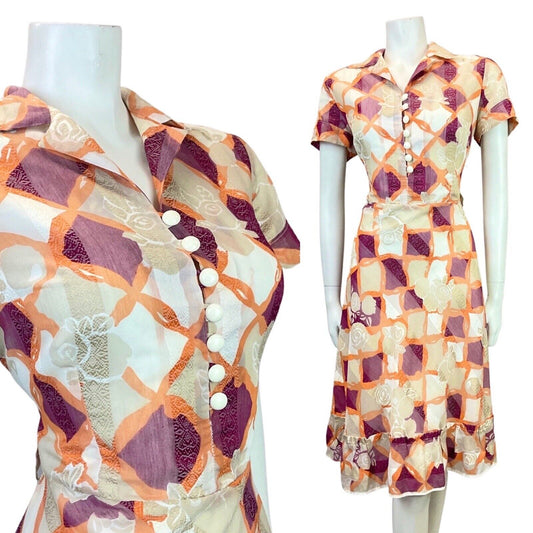 VINTAGE 60s 70s WHITE PURPLE ORANGE CHECKED FLORAL DAGGER SHIRT DRESS 10 12