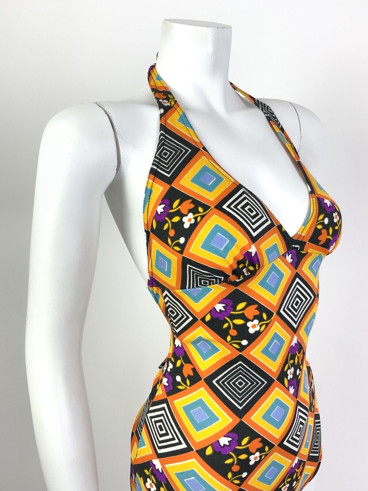 VTG 60s 70s ORANGE BLACK PURPLE GEOMETRIC FLORAL HALTER SWIM BATHING SUIT 10 12