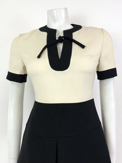 VINTAGE 60s LOUIS FERAUD CREAM BLACK BOW MOD WOOL SHORT DRESS 8 10