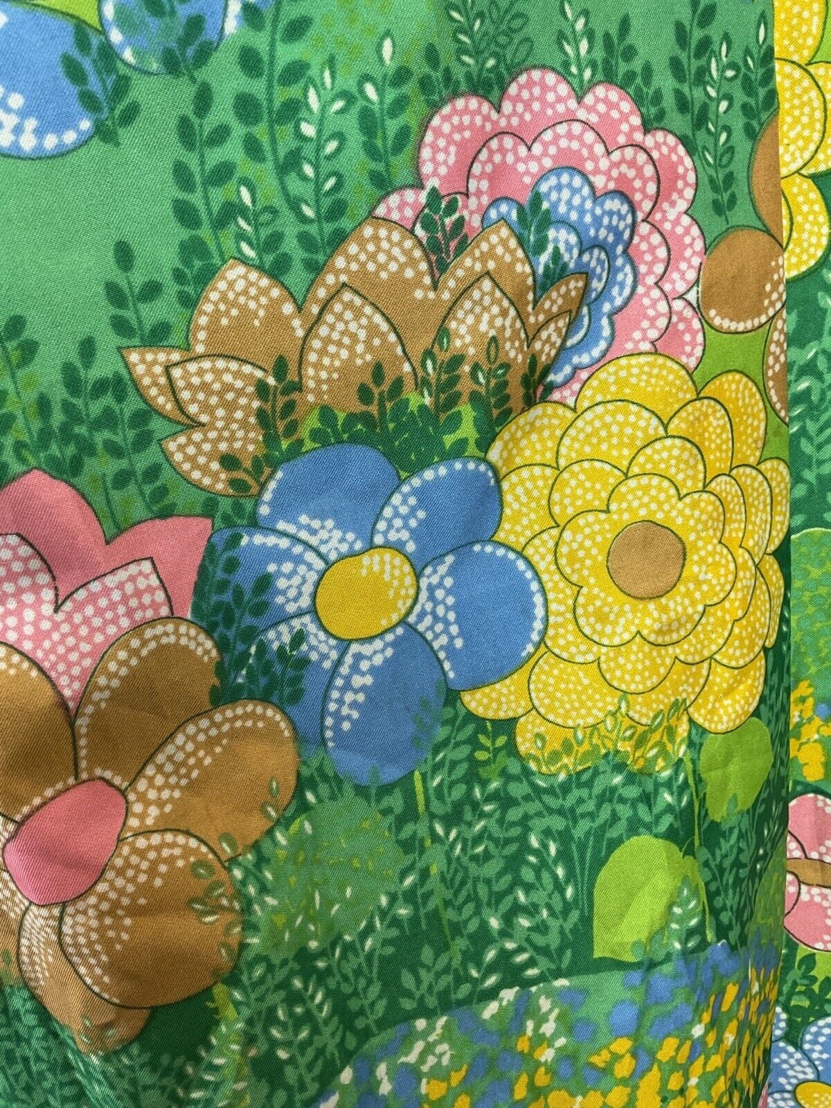 VINTAGE 60s 70s GREEN BLUE YELLOW PSYCHEDELIC FLORAL GARDEN RUFFLE WRAP DRESS 10