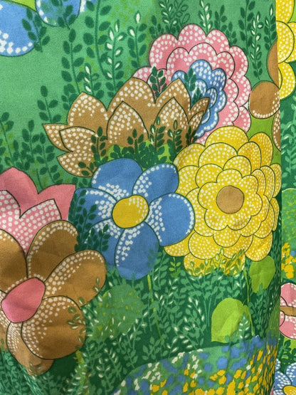 VINTAGE 60s 70s GREEN BLUE YELLOW PSYCHEDELIC FLORAL GARDEN RUFFLE WRAP DRESS 10