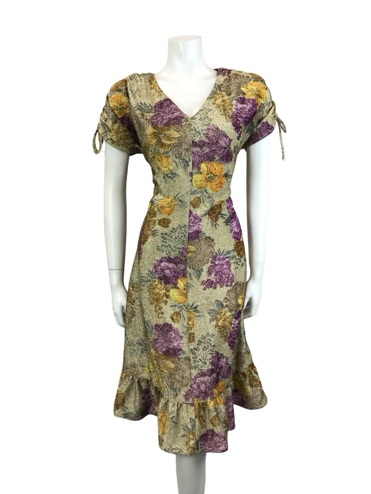 VTG 60S GOLD YELLOW PURPLE LUREX GLITTERING FLORAL V NECK PARTY DRESS 12 14 M