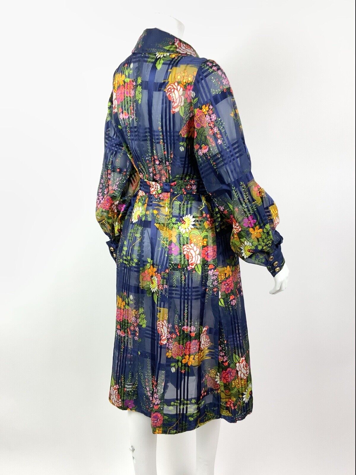 VTG 60s 70s BLUE PINK YELLOW GREEN FLORAL PLAID PUSSYBOW SHEER SHIRT DRESS 14 16