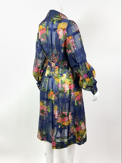 VTG 60s 70s BLUE PINK YELLOW GREEN FLORAL PLAID PUSSYBOW SHEER SHIRT DRESS 14 16