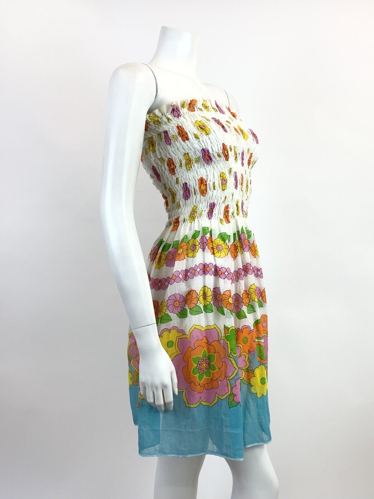 VINTAGE 60s 70s WHITE BLUE PINK ORANGE FLORAL SHIRRED STRAPLESS SUMMER DRESS 6 8