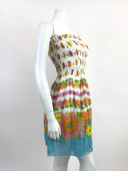 VINTAGE 60s 70s WHITE BLUE PINK ORANGE FLORAL SHIRRED STRAPLESS SUMMER DRESS 6 8