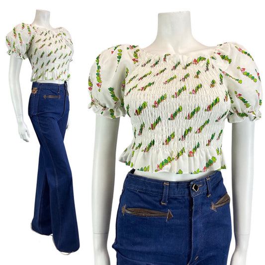 VINTAGE 60s 70s WHITE GREEN RED HOUSE TREE BOHO PRAIRIE SHIRRED BLOUSE TOP 6 8