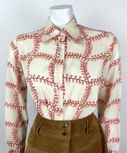 VINTAGE 60s 70s CREAM BROWN PINK GRID CHECKED FLORAL DAGGER SHIRT BLOUSE 14 16