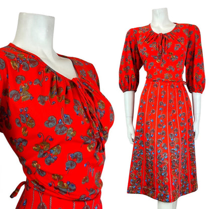 VINTAGE 60s 70s RED BLUE GREY FLORAL ROPE STRIPED LONG SLEEVE SWING DRESS 14