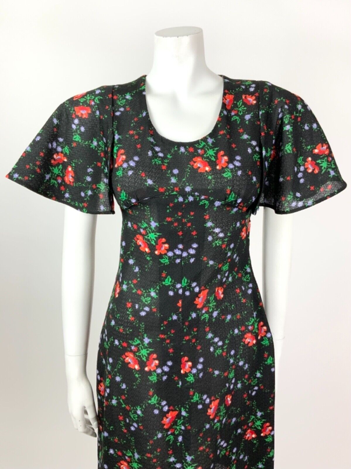 VINTAGE 60s 70s BLACK RED GREEN PURPLE FLORAL CAPE SLEEVE DRESS 10