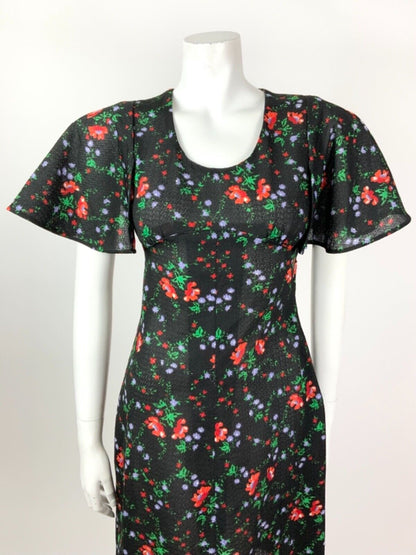 VINTAGE 60s 70s BLACK RED GREEN PURPLE FLORAL CAPE SLEEVE DRESS 10
