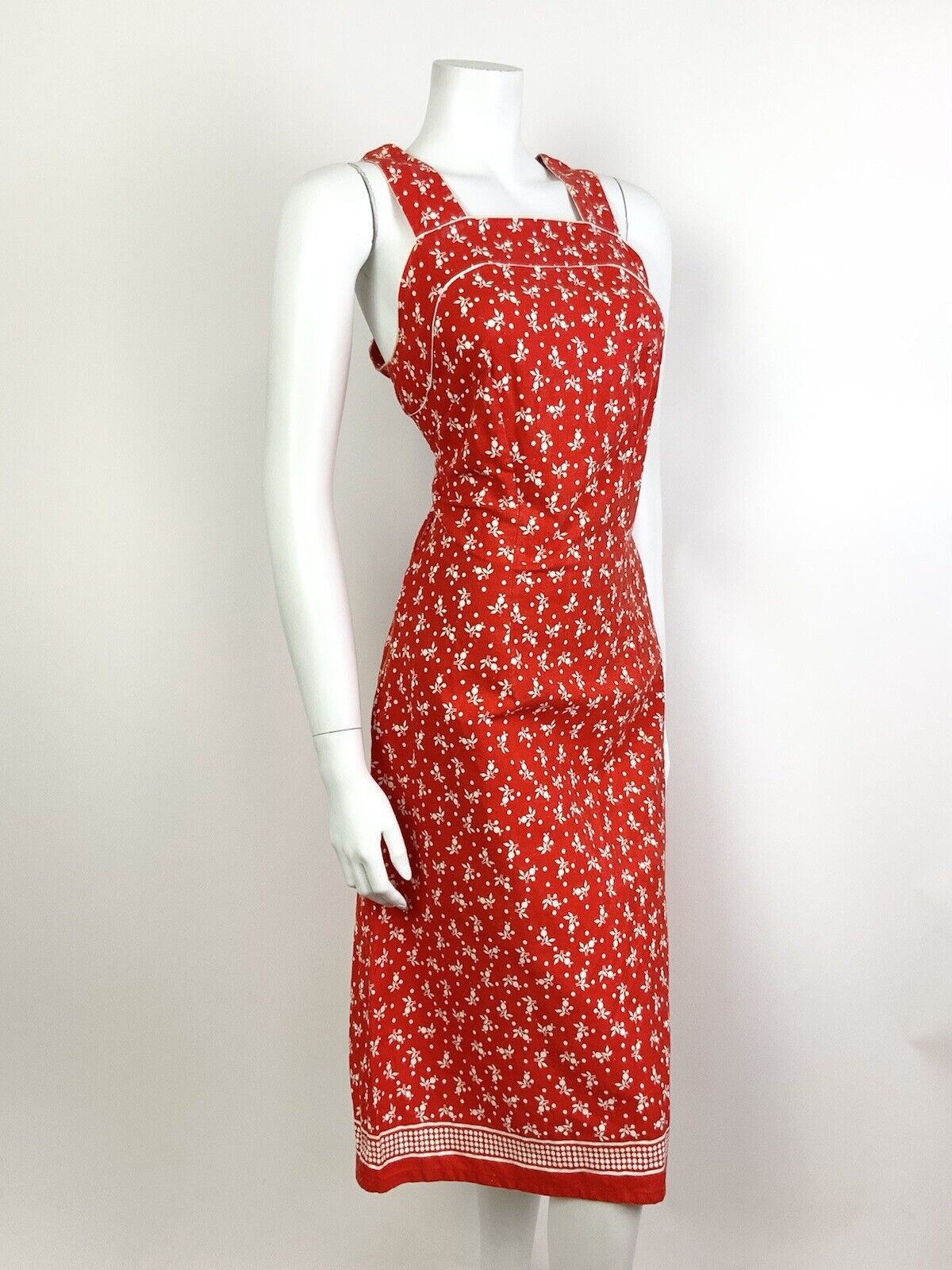 VINTAGE 60s 70s BRIGHT RED WHITE FLORAL DOTTY STRAPPY SUMMER APRON DRESS 10 12