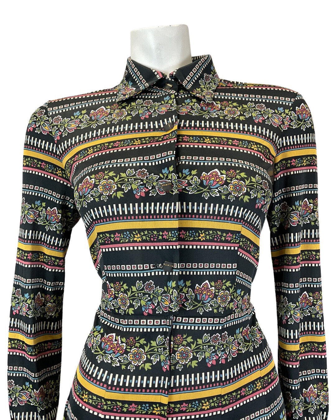 VINTAGE 60s 70s BLACK YELLOW BLUE STRIPED FLORAL MOD MIDI DAGGER SHIRT DRESS 10