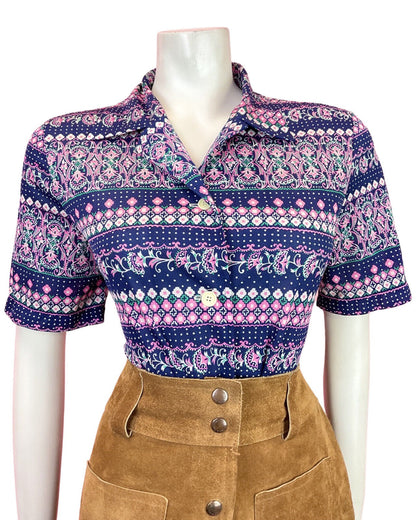 VINTAGE 60s 70s BLUE PINK WHITE PSYCHEDELIC DOTTY FLORAL BLOUSE TOP 12 14