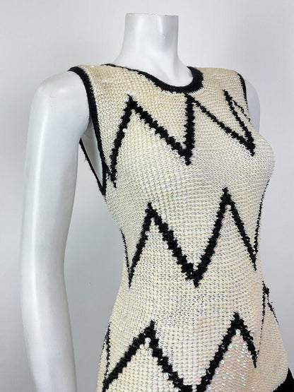 VINTAGE 70S 80S IRIDESCENT WHITE BLACK ZIG-ZAG MOD KNITTED SLEEVELESS TOP 10 12