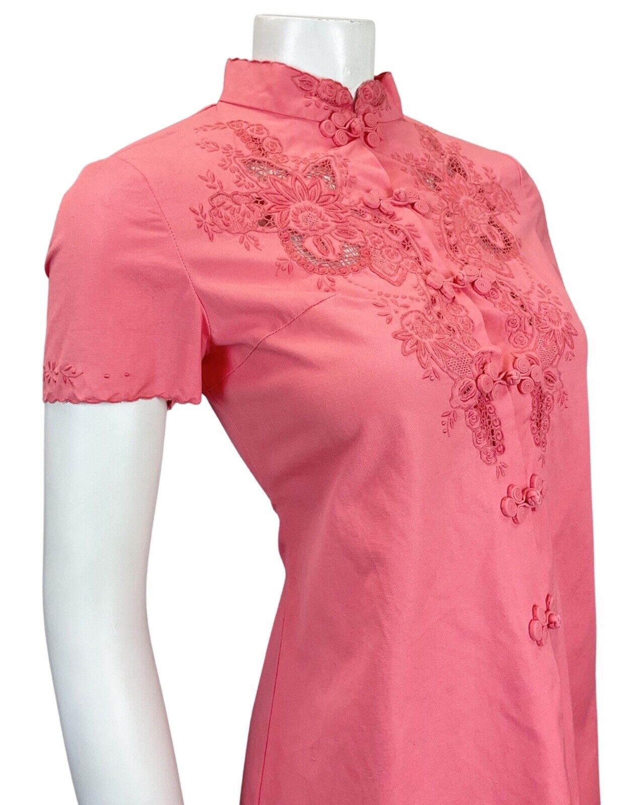 VTG 60s STYLE 90s CORAL PINK FLORAL EMBROIDERED CHEONGSAM QIPAO SHORT DRESS 8