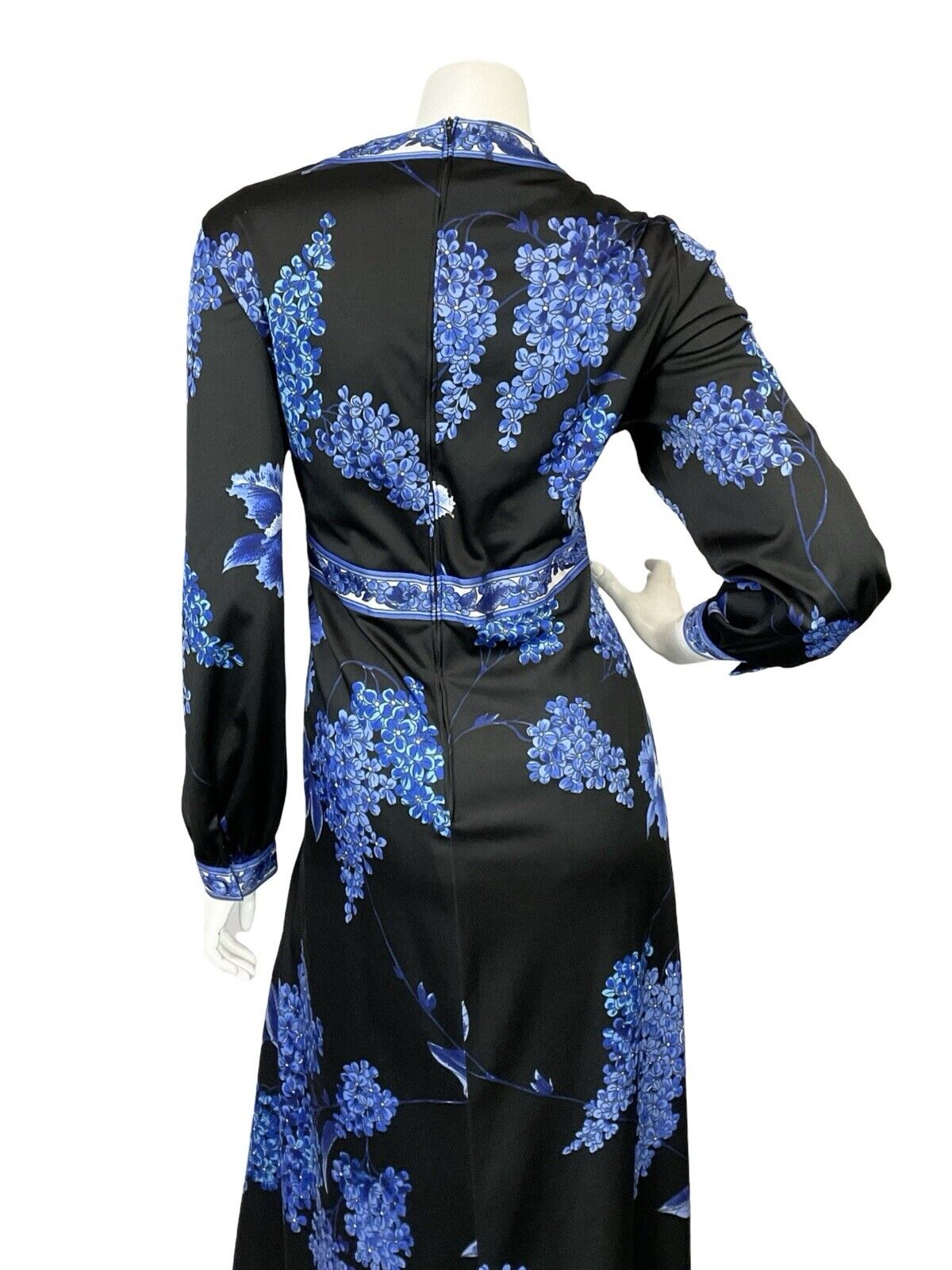 VTG 70S BLACK BLUE FLORAL PLUNGING NECKLINE BOHO HIPPY MAXI LONG SLEEVE DRESS 16