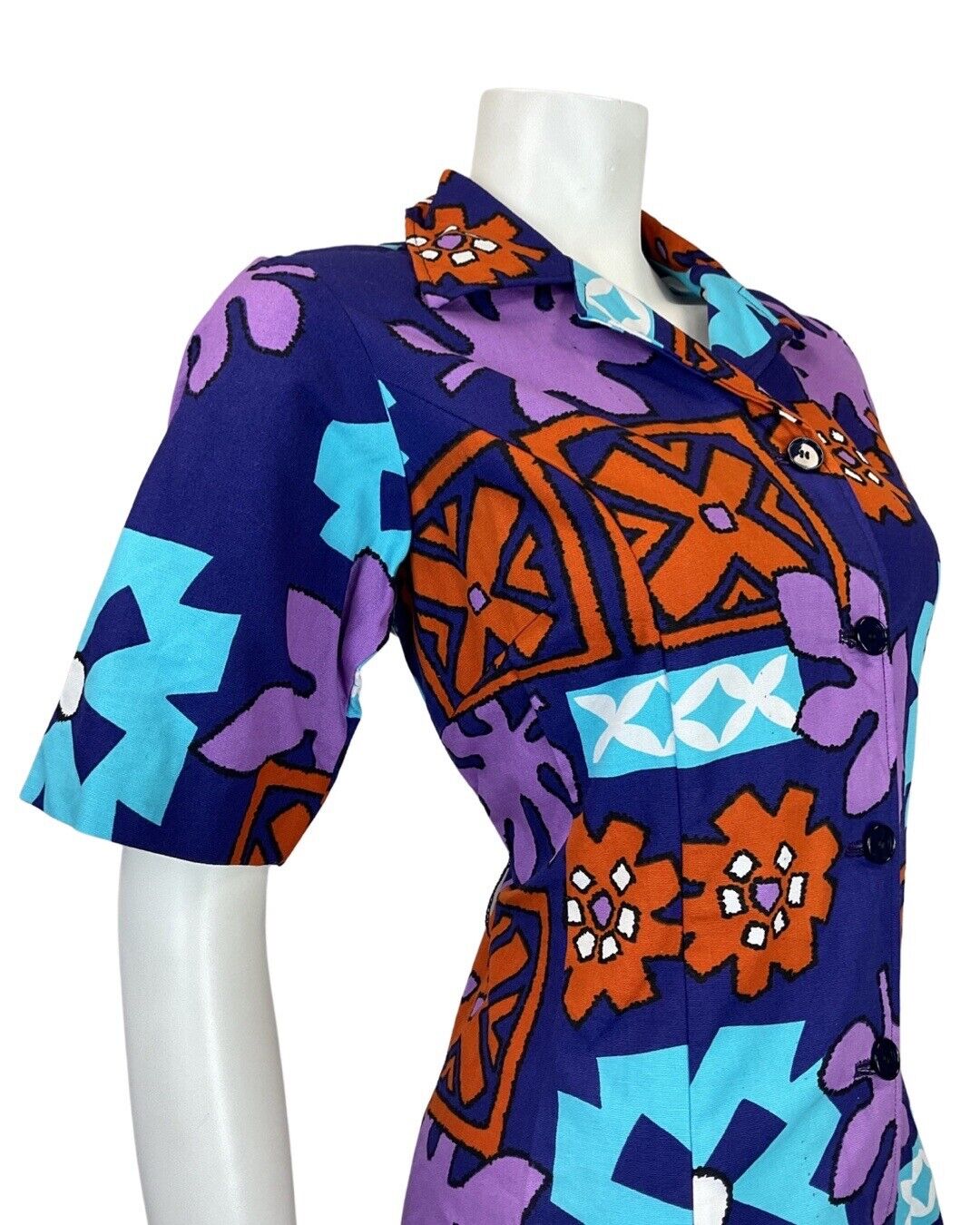 VINTAGE 60s 70s PURPLE BLUE ORANGE HAWAIIAN FLORAL SHIRT DRESS 14 16