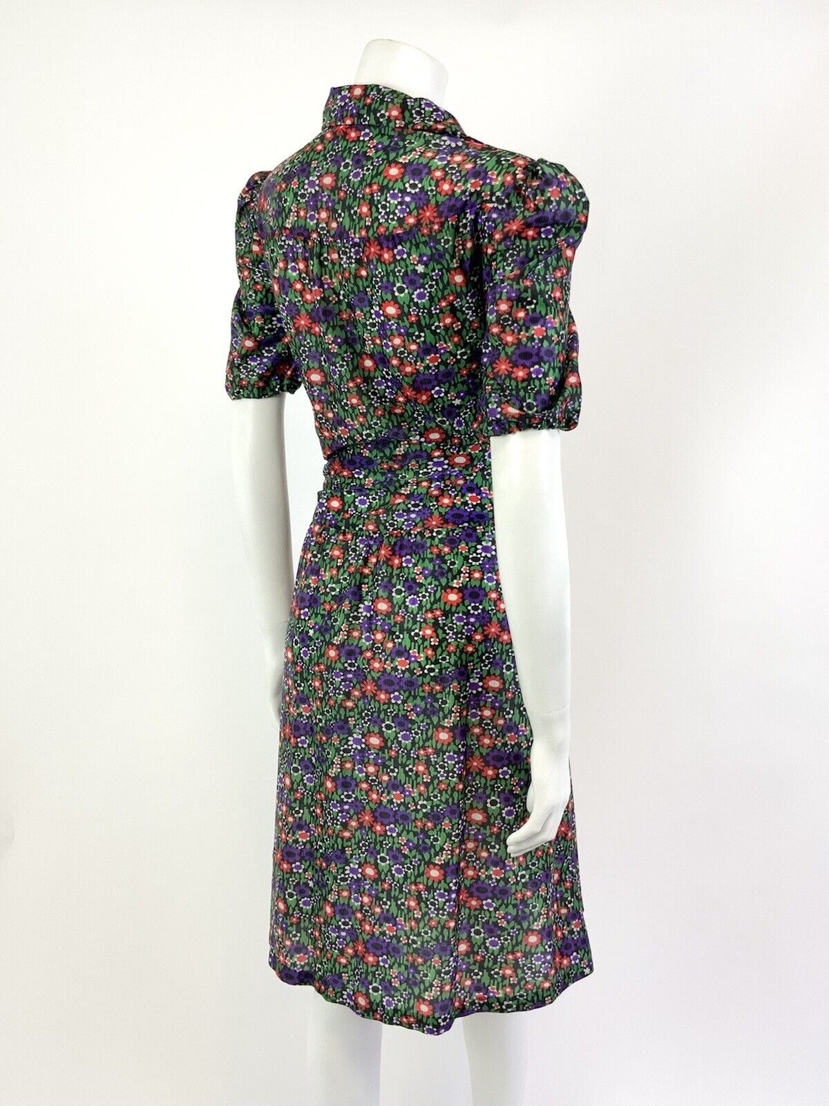 VTG 60s 70s GREEN PURPLE RED BLACK FLORAL DAISY DITSY MOD DAGGER SHIRT DRESS 12