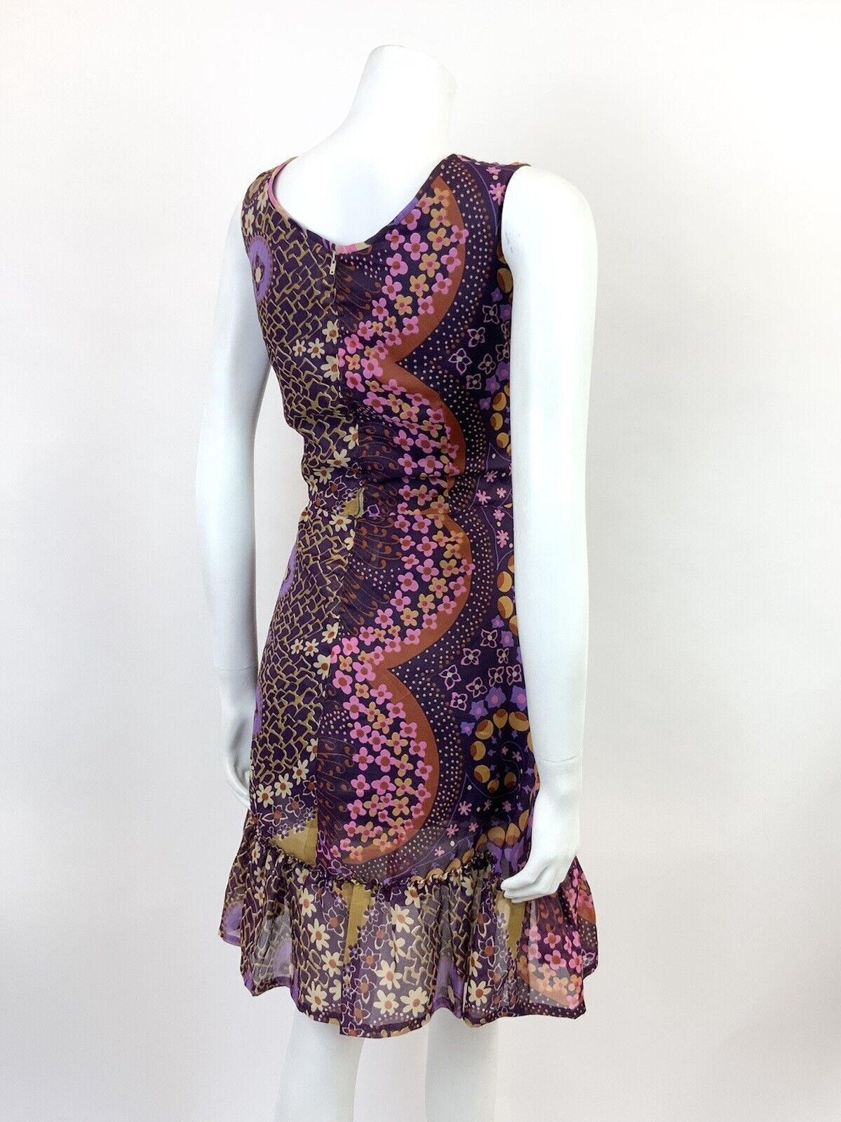VINTAGE 60s 70s PURPLE PINK CREAM PSYCHEDELIC FLORAL SHEER MOD DRESS 10