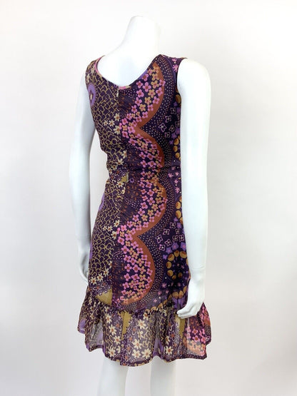 VINTAGE 60s 70s PURPLE PINK CREAM PSYCHEDELIC FLORAL SHEER MOD DRESS 10