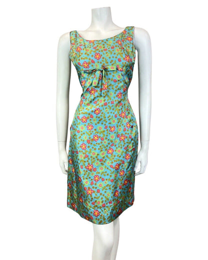 VINTAGE 60s 70s BLUE GREEN GOLD RED FLORAL DAISY EMPIRE-LINE SUMMER SUN DRESS 8