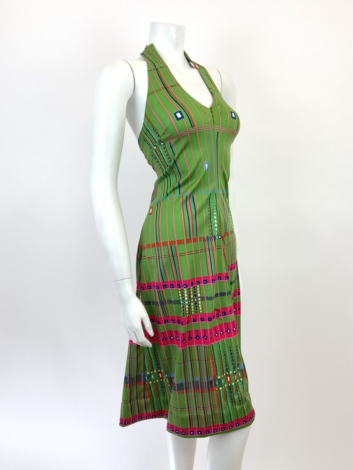 VINTAGE 60s 70s GREEN BLUE PINK GEOMETRIC STRIPED HALTER DRESS 10