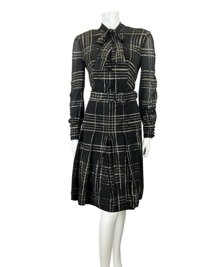 VINTAGE 60s 70s BLACK GOLD SILVER CHECKED MOD SHEER PUSSYBOW SHIRT DRESS 12