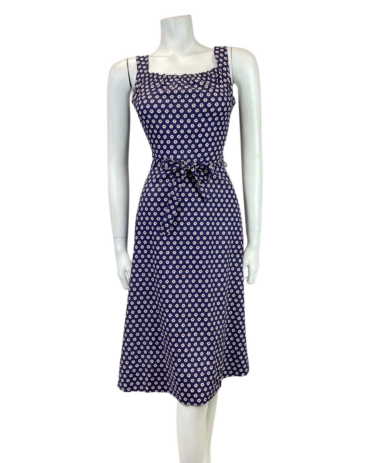 VINTAGE 60s 70s BLUE WHITE RED POLKA-DOT DAISY FLOWER STRAPPY SUN DRESS 8