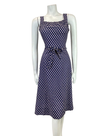 VINTAGE 60s 70s BLUE WHITE RED POLKA-DOT DAISY FLOWER STRAPPY SUN DRESS 8