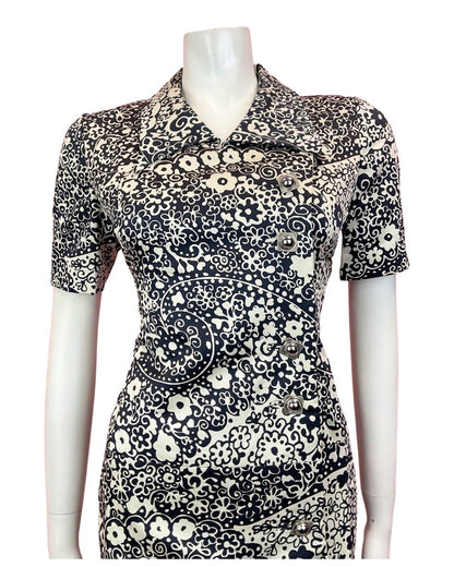 VINTAGE 60s 70s BLACK WHITE SILVER PSYCHEDELIC FLORAL MOD SHIRT DRESS 10 12