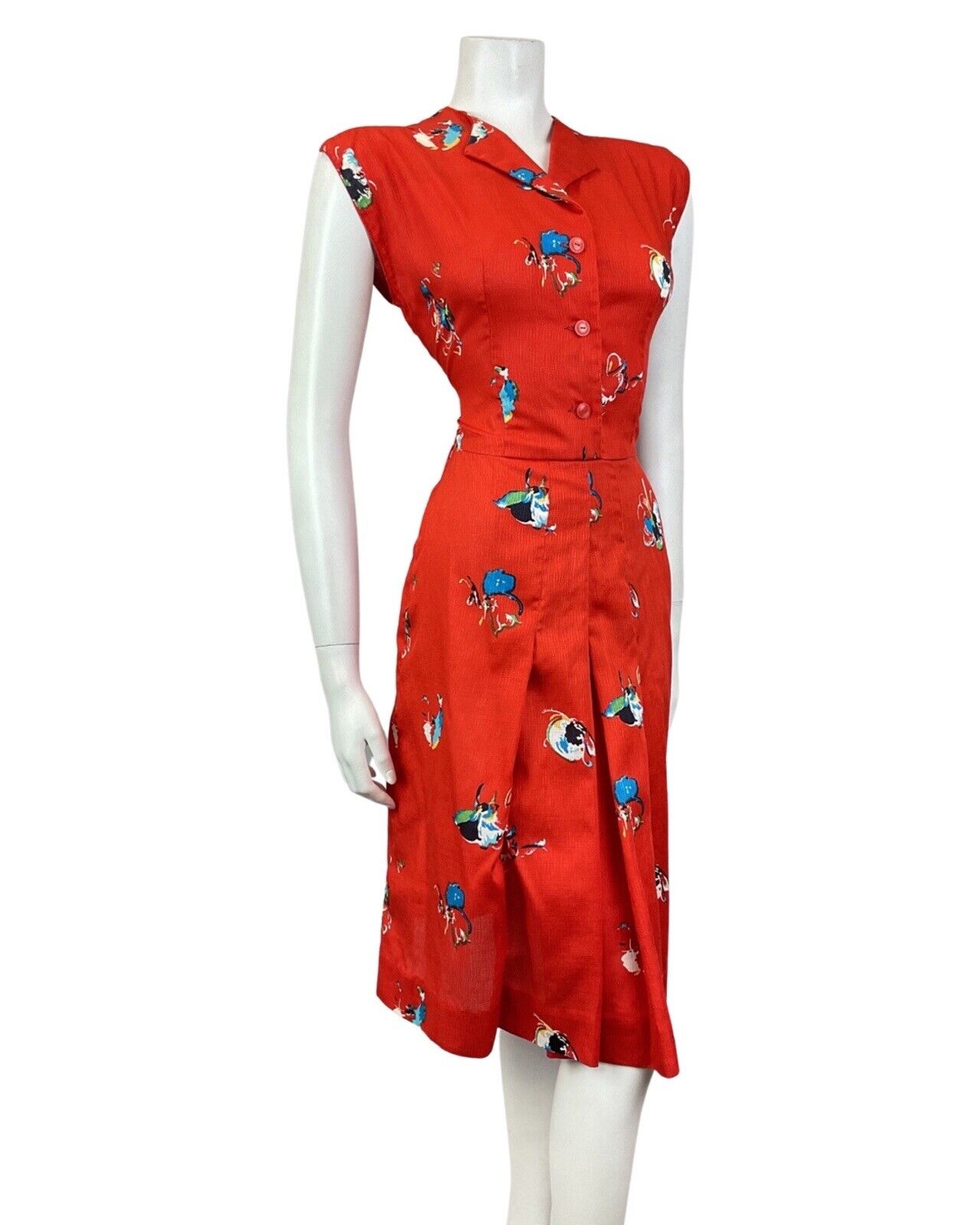VINTAGE 60s 70s PILLARBOX RED BLUE FLORAL ABSTRACT SLEEVELESS SHIRT DRESS 12 14