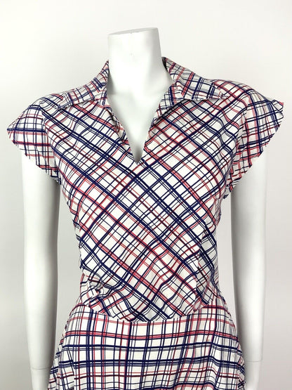 VINTAGE 60s 70s WHITE BLUE RED GRID CHECKED MOD WING SHIRT DRESS 10 12